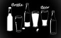 Set beer bottles, retro line drawing glass silhouettes, old fashioned vintage hand drawing on black background. Vector