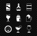 Set Beer can, Bottle of cognac or brandy, Metal beer keg, Wooden barrel, Cocktail, Wine glass, and shaker icon. Vector Royalty Free Stock Photo