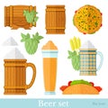 Set of beer flat icons isolated on white. Wooden barrel, hop, pizza, mug, glass, foam Royalty Free Stock Photo