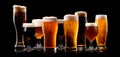 Set of Beer glasses on a black background. Mugs with drink like Ipa, Pale Ale, Pilsner, Porter or Stout Royalty Free Stock Photo