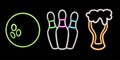 set beer glowing desktop icon, neon bowling ball sticker, neon skittles figure, glowing figure, neon geometrical figures Royalty Free Stock Photo