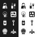 Set Beer menu, Happy hour, man with beer, bottle and glass, can, Bottle opener, and Wooden barrel on rack icon. Vector