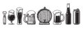 Set of beer objects. Bottle opener, glasses, old wooden mug, barrel, can. Vector illustration.