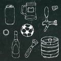 Set of Beer Objects: Can and Key, Mug, Tap, Bottle, Football Ball, Opener, Keg. on a Black Chalkboard