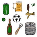 Set of Beer Objects: Can and Key, Mug, Tap, Bottle, Football Ball, Opener, Keg. Isolated On a White Background. Realistic Doodle C Royalty Free Stock Photo