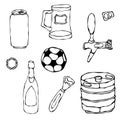 Set of Beer Objects: Can and Key, Mug, Tap, Bottle, Football Ball, Opener, Keg. Isolated On a White Background. Realistic Doodle C Royalty Free Stock Photo