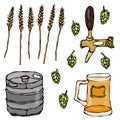 Set of Beer Objects: Hop, Malt, Mug, Tap, Keg. Isolated On a White Background. Realistic Doodle Cartoon Style Hand Drawn Sketch Ve Royalty Free Stock Photo