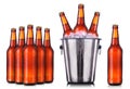 Set of beer's bottles with frosty drops in ice Royalty Free Stock Photo