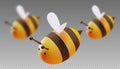 A set of bees in focus and out of focus. Two blur step. Cartoon style. 3D illustration. Vector