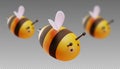 A set of bees in focus and out of focus. Two blur step. Cartoon style. 3D illustration. Vector