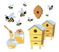 set of bees, glass jars of honey and various hives, a ladle for honey. Beekeeping, beekeeping equipment, cartoon objects isolated