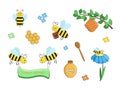 Set of bees and honey. Vector drawings of funny honey bees and beehives