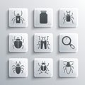 Set Beetle bug, Cockroach, Magnifying glass, deer, Mite, and icon. Vector