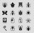 Set Beetle deer, Mosquito, Spider, Hive for bees, Ant, Butterfly, and Mite icon. Vector