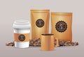 Set of beige elegant coffee packings products with grains
