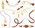 Set of belt elements, chain and braid, gold and silver links and fasteners for fabric design vector