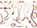 Set of belt elements, chain and braid, gold and silver links and fasteners for fabric design vector