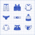 Set Belt, Skirt, Men underpants, Winter hat, Sweater, and Pants icon. Vector