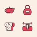 Set Bench with barbel, Teapot cup, Kettlebell and Bread toast icon. Vector