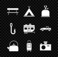 Set Bench, Tourist tent, Camping gas stove, Kettle with handle, Suitcase, Photo camera, Fishing hook and Rv trailer icon Royalty Free Stock Photo