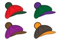 Set of berets with a pompom and a visor. Isolated outline multicolored drawing