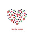 A set of berries in the shape of a heart. Vector cartoon berries on a white background. Berries, raspberries, grapes, blueberries,