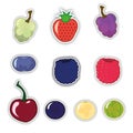 Set of berry stickers: white and dark grapes; Strawberry; cherry; blackberry; raspberries; Irga; Kryzhevnik; blueberries. Vector
