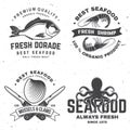 Set of best seafood badges. Fresh dorade, octopus, shrimp, mussels and clams. Vector illustration. For seafood emblem