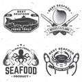 Set of best seafood badges. Fresh tuna, octopus, trout, shrimp, dressed crab, mussels and clams. Vector. For seafood