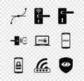 Set Bezier curve, Digital door lock with wireless, Door handle, Mobile password, Wifi locked and Shield eye icon. Vector