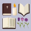 set bible with candle and flowers plants to event