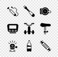 Set Bicycle air pump, Screwdriver, bell, Sport bottle with water, suspension, speedometer and for kids icon. Vector Royalty Free Stock Photo