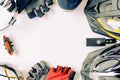 set bicycle equipment on a white paper background