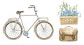 Set with Bicycle, Flowers in wicker basket and leather vintage bag. Hand drawn watercolor illustration of retro city