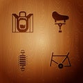 Set Bicycle frame, Hiking backpack, suspension and seat on wooden background. Vector Royalty Free Stock Photo
