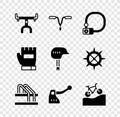 Set Bicycle handlebar, lock, parking, brake, Mountain bicycle, Gloves and helmet icon. Vector