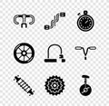 Set Bicycle handlebar, pedals, Stopwatch, suspension, cassette, Unicycle or one wheel bicycle, and lock icon. Vector Royalty Free Stock Photo