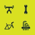 Set Bicycle handlebar, Tool allen keys, frame and Wrench spanner icon. Vector