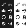 Set Bicycle helmet, bell, pedals, wheel tire, Cycling shorts, chain with gear and sprocket crank icon. Vector Royalty Free Stock Photo