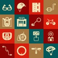 Set Bicycle helmet, repair service, lane, Hiking backpack, Sport cycling sunglasses and rear view mirror icon. Vector