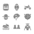 Set Bicycle helmet, Snowboard, Snowmobile, Speedboat, Jet ski, Rafting, Mountain bike and First aid kit icon. Vector