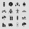 Set Bicycle helmet, Snowmobile, Formula 1 racing car, ATV motorcycle, Mountain bike, Snowboard and Bungee jumping icon Royalty Free Stock Photo