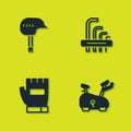 Set Bicycle helmet, Stationary bicycle, Gloves and Tool allen keys icon. Vector Royalty Free Stock Photo