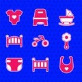 Set Bicycle for kids, Baby crib cradle bed, bib, Rattle baby toy, diaper, stroller and clothes icon. Vector Royalty Free Stock Photo