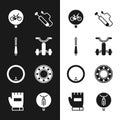 Set Bicycle for kids, Screwdriver, air pump, wheel, ball bearing, and Gloves icon. Vector Royalty Free Stock Photo