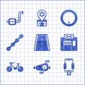 Set Bicycle lane, pedals, Mobile holder, repair service, chain, wheel and icon. Vector