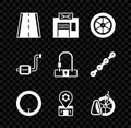 Set Bicycle lane, repair service, wheel, parking, pedal and lock icon. Vector