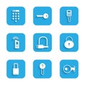 Set Bicycle lock, Undefined key, Key, Lock, Car with remote, and Password protection icon. Vector