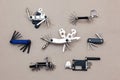 Set of bicycle multi tools on grey background. Royalty Free Stock Photo