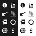 Set Bicycle parking, brake, air pump, Gloves, wheel tire, Sport bottle with water and icon. Vector Royalty Free Stock Photo
